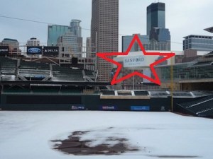 View of Timberwolves basketball stadium from inside the Twins baseball stadium